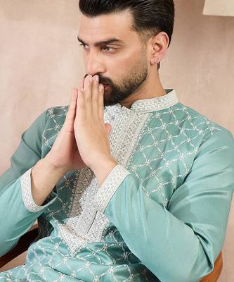 Men teal silk blend geometric embroidered straight kurta with trouser 1