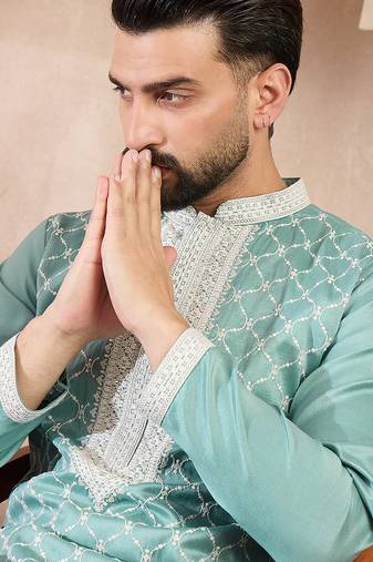 Men teal silk blend geometric embroidered straight kurta with trouser