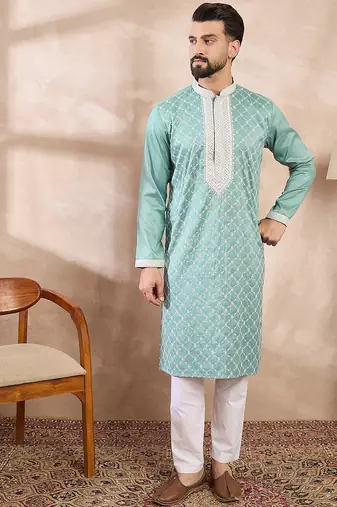 Men teal silk blend geometric embroidered straight kurta with trouser