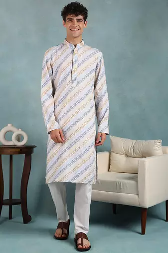 Men yellow viscose rayon leheriya embroidered straight kurta