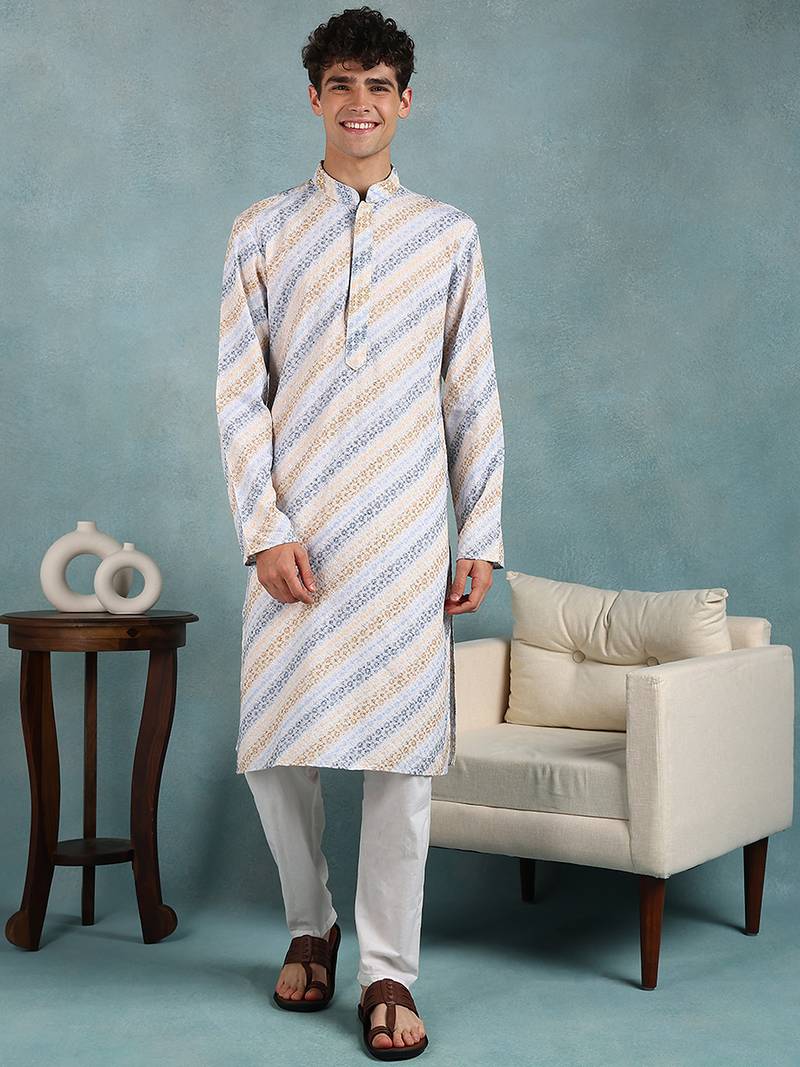 Men yellow viscose rayon leheriya embroidered straight kurta