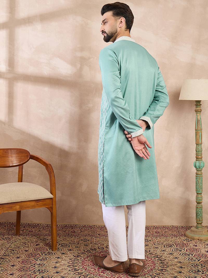 Men teal silk blend geometric embroidered straight kurta with trouser