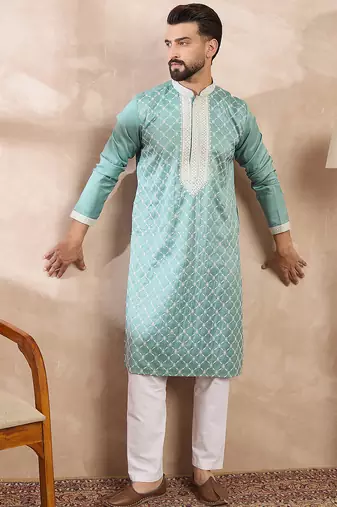 Men teal silk blend geometric embroidered straight kurta with trouser