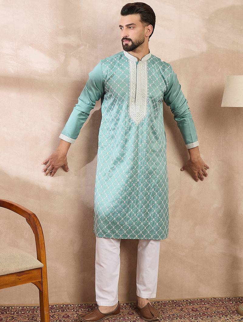 Men teal silk blend geometric embroidered straight kurta with trouser