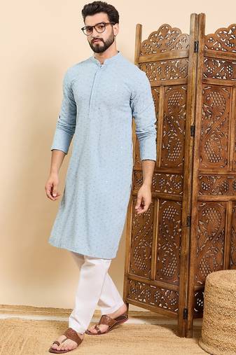 Mens blue viscose rayon solid embroidered ethnic straight chikankari kurta