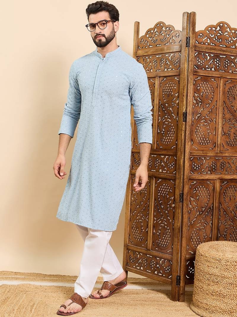 Mens blue viscose rayon solid embroidered ethnic straight chikankari kurta