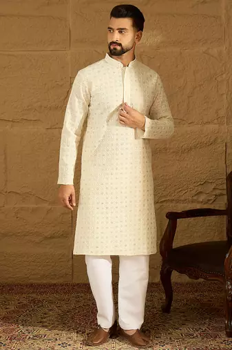 Men off white cotton solid printed straight kurta with trouser