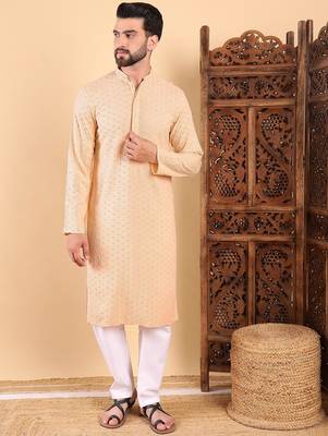 Men cream viscose rayon solid embroidered straight kurta 1