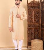 Men cream viscose rayon solid embroidered straight kurta