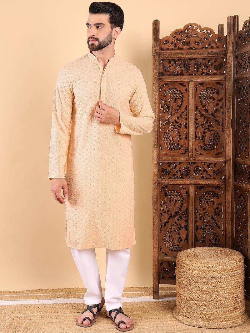 Men cream viscose rayon solid embroidered straight kurta