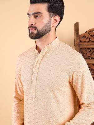 Men cream viscose rayon solid embroidered straight kurta 2