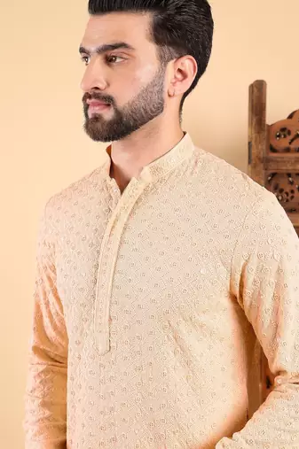 Men cream viscose rayon solid embroidered straight kurta