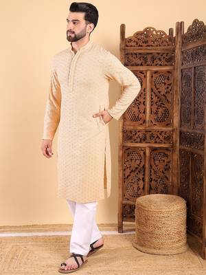 Men cream viscose rayon solid embroidered straight kurta 3