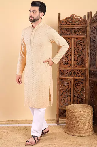 Men cream viscose rayon solid embroidered straight kurta