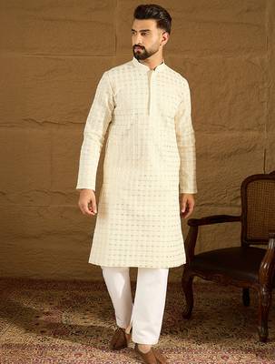Men off white cotton solid printed straight kurta with trouser 2