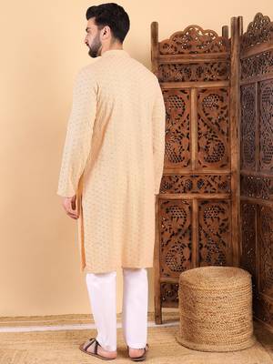 Men cream viscose rayon solid embroidered straight kurta 4