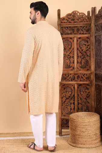 Men cream viscose rayon solid embroidered straight kurta