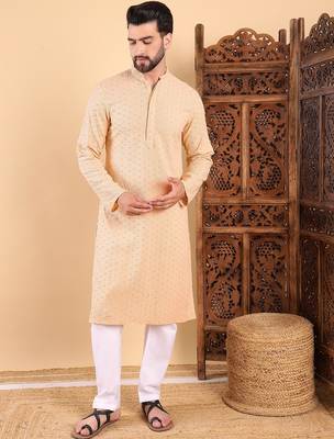 Men cream viscose rayon solid embroidered straight kurta 5