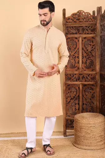Men cream viscose rayon solid embroidered straight kurta