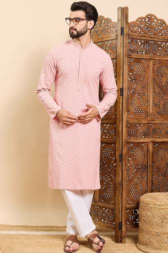 Mens peach viscose rayon solid embroidered ethnic straight chikankari kurta