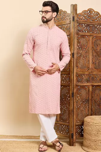 Mens peach viscose rayon solid embroidered ethnic straight chikankari kurta