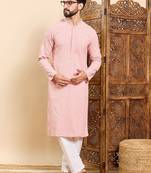 Mens peach viscose rayon solid embroidered ethnic straight chikankari kurta