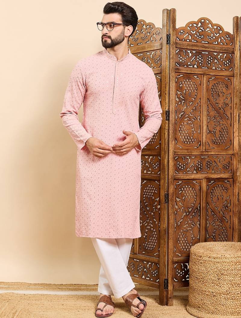Mens peach viscose rayon solid embroidered ethnic straight chikankari kurta