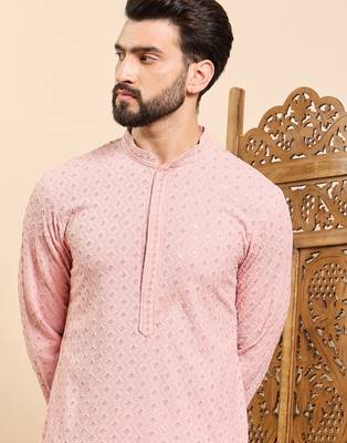 Mens peach viscose rayon solid embroidered ethnic straight chikankari kurta 2