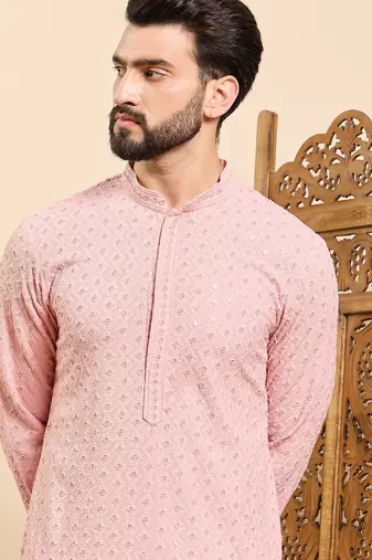 Mens peach viscose rayon solid embroidered ethnic straight chikankari kurta