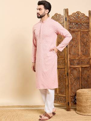 Mens peach viscose rayon solid embroidered ethnic straight chikankari kurta 3