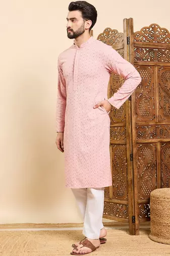 Mens peach viscose rayon solid embroidered ethnic straight chikankari kurta