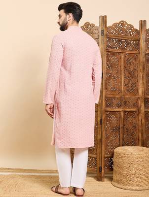 Mens peach viscose rayon solid embroidered ethnic straight chikankari kurta 4
