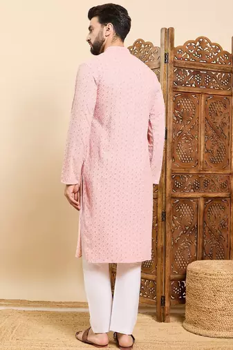 Mens peach viscose rayon solid embroidered ethnic straight chikankari kurta