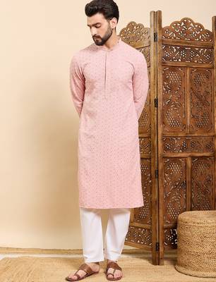 Mens peach viscose rayon solid embroidered ethnic straight chikankari kurta 5
