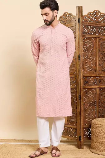 Mens peach viscose rayon solid embroidered ethnic straight chikankari kurta