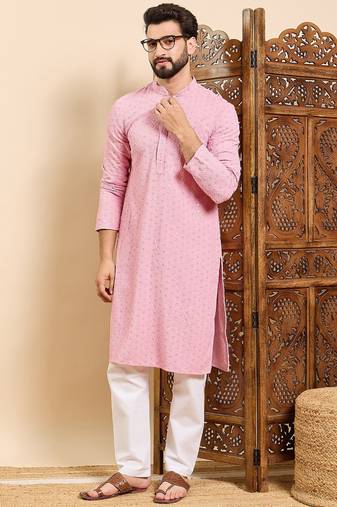 Mens pink viscose rayon solid embroidered ethnic straight chikankari kurta