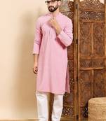 Mens pink viscose rayon solid embroidered ethnic straight chikankari kurta