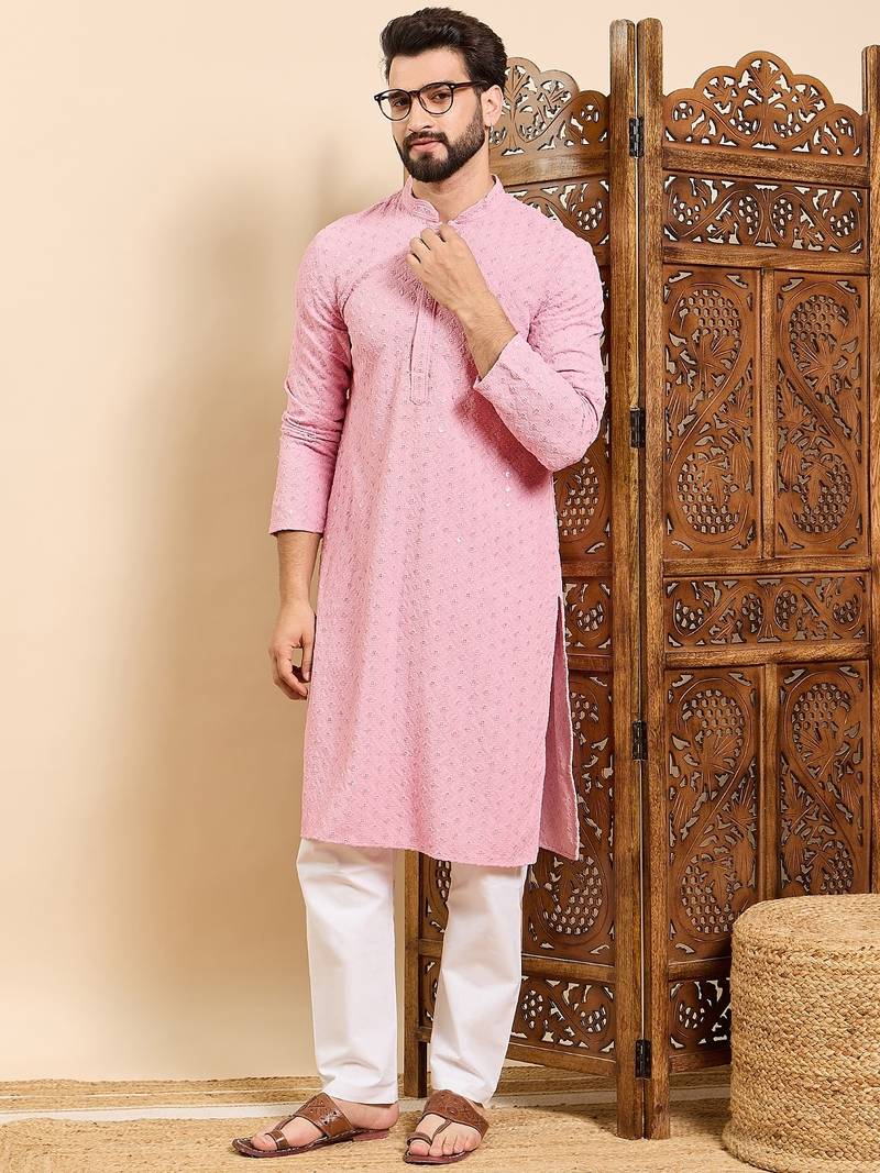 Mens pink viscose rayon solid embroidered ethnic straight chikankari kurta