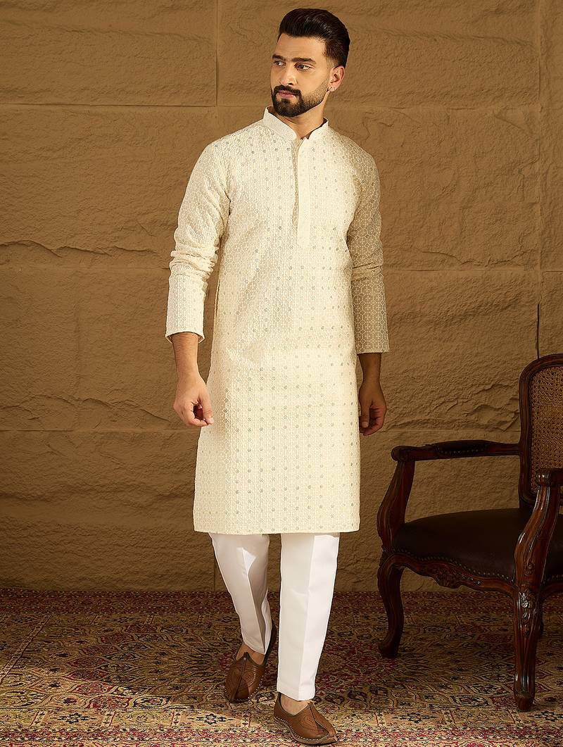 Men off white cotton solid printed straight kurta with trouser