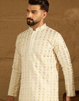 Men off white cotton solid printed straight kurta with trouser 1