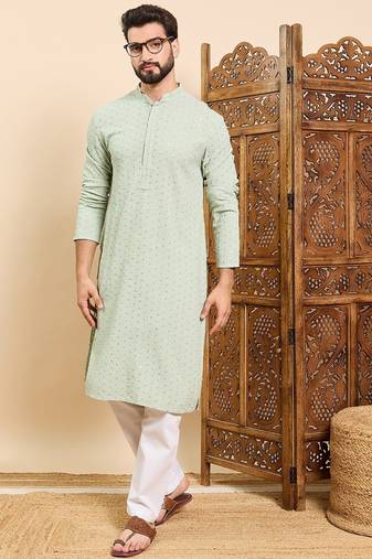 Mens sea green viscose rayon solid embroidered ethnic straight chikankari kurta