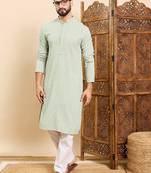 Mens sea green viscose rayon solid embroidered ethnic straight chikankari kurta