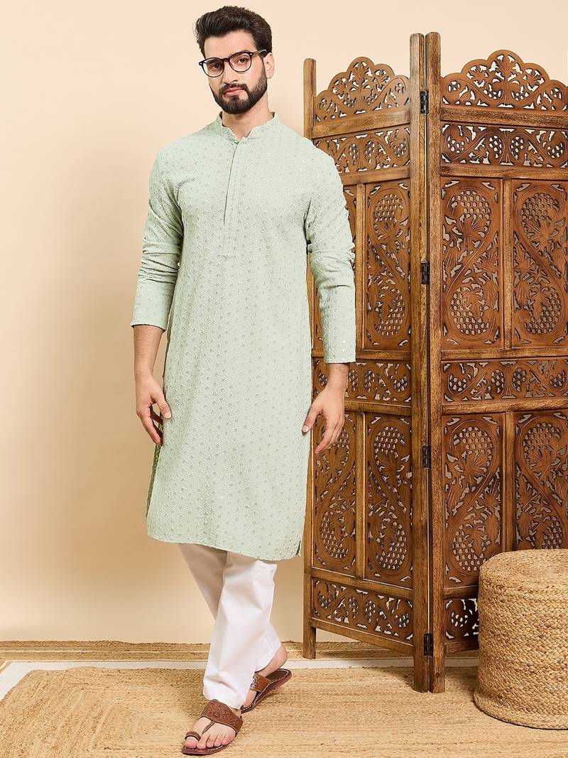 Mens sea green viscose rayon solid embroidered ethnic straight chikankari kurta