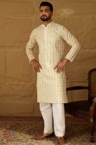 Men off white cotton solid printed straight kurta with trouser