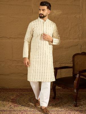 Men off white cotton solid printed straight kurta with trouser 5