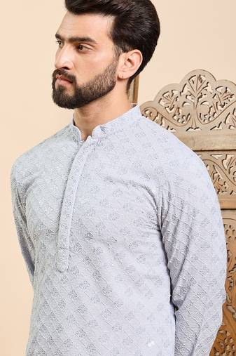 Mens blue viscose rayon solid embroidered ethnic straight chikankari kurta
