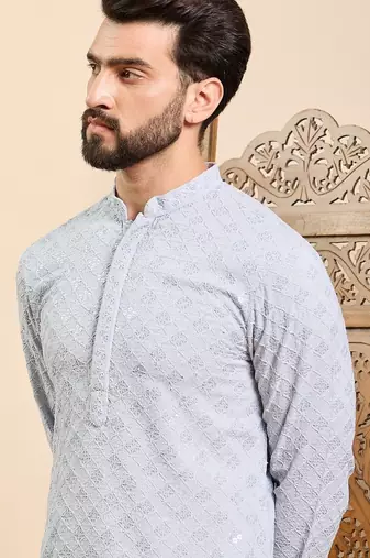 Mens blue viscose rayon solid embroidered ethnic straight chikankari kurta