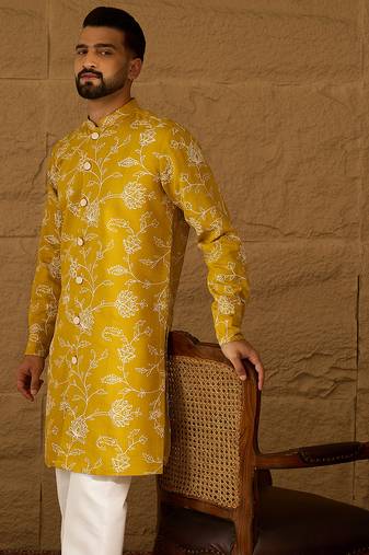 Men yellow viscose rayon solid embroidered straight kurta with trouser