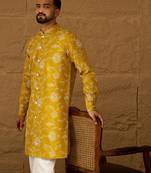 Men yellow viscose rayon solid embroidered straight kurta with trouser