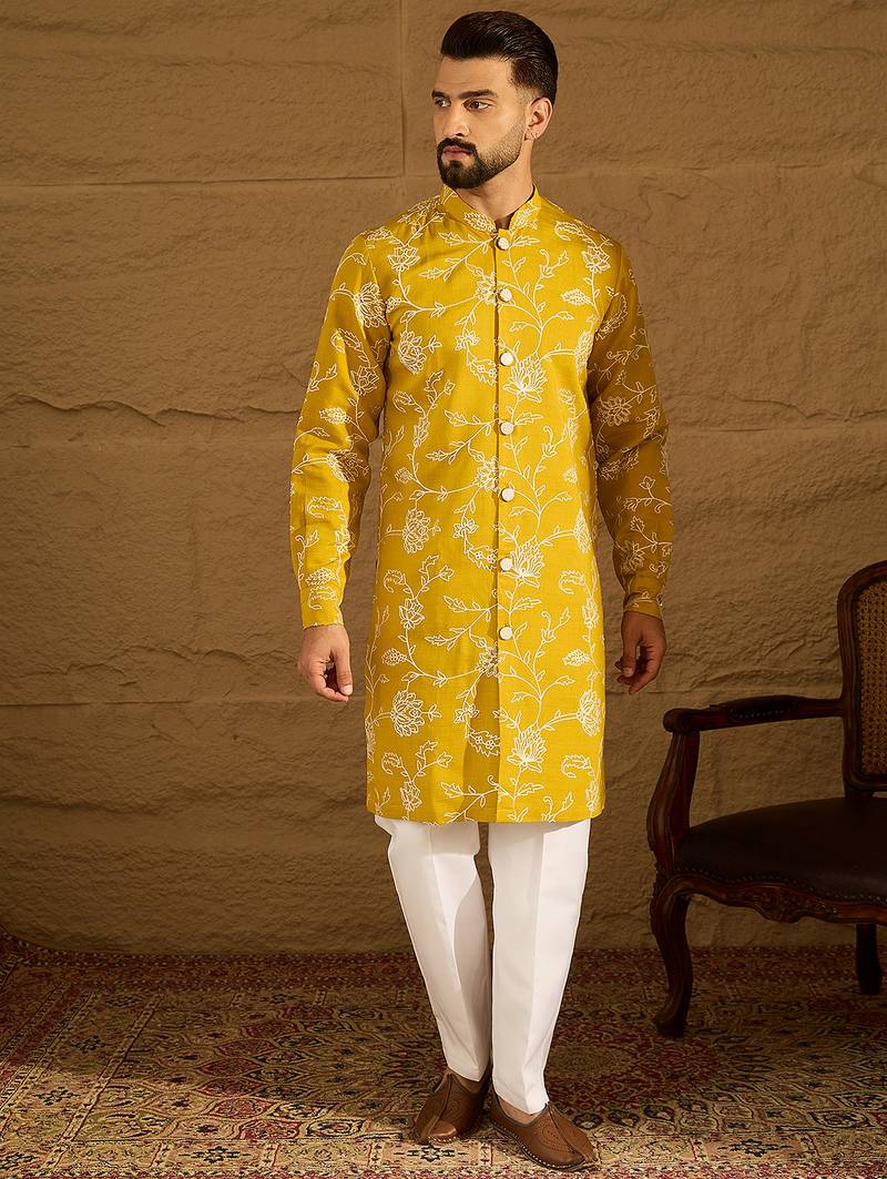 Men yellow viscose rayon solid embroidered straight kurta with trouser